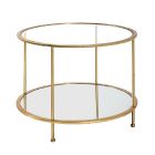 Goudkleurige metalen salontafel met ingelegd glazen bovenblad en onderblad in kristalspiegel.