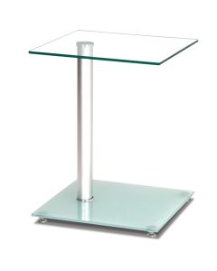 Bijzettafel van kristelhelder glas met onderblad van melkglas op voetjes