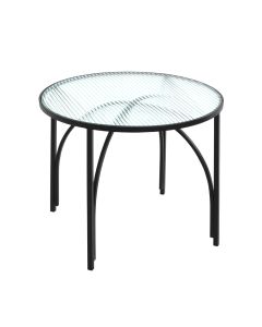 Zwart metalen bijzettafel met transparant veiligheidsglas tafelblad in het rond.