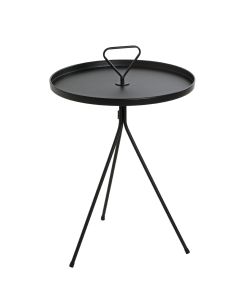 Zwart metalen ronde bijzettafel op 3-teens poot en handig handvat.
