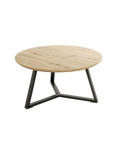 Robuuste 80cm ronde salontafel in eiken met zwart staal.