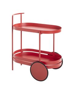 Moderne serveerwagen in rood gelakt staal.