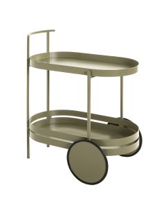 Moderne serveerwagen in modern groen gelakt staal.