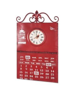 Metalen kalender met klok in retro rood