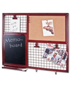 Metalen memobord met krijtbord en prikbord in vintage rood.