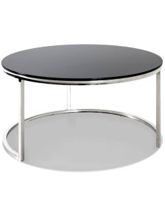 Zwart glazen salontafel met gepolijst RVS onderstel 
