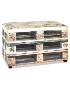 Royale leatherlook bankhocker met een print van opgestapelde pallets met 80 liter opbergruimte.