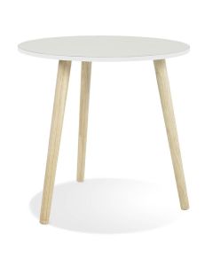 Naturel bijzettafel met wit gelakt tafelblad en massief houten poten.