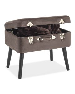 Zitkoffer in Taupe gestoffeerd op zwart gelakte houten poten.