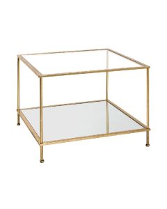 Goudkleurige metalen salontafel met ingelegd glazen bovenblad en onderblad in kristalspiegel.