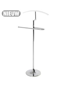 Chrome dressboy met gebogen massief houten wit gelakte colberthanger op een schitterende chrome trompetvoet.