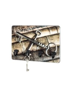 Opzichtige sleutelplank met print van oude boeken en oude sleutels met 4 zwart metalen haken.