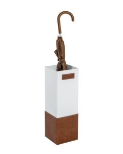 Paraplubak wit metaal met bruin kunstlederen accenten.