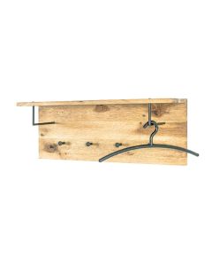 Massief geolied Eiken wandkapstok met hoedenplank en 4 metalen garderobe haken en 2 beugels