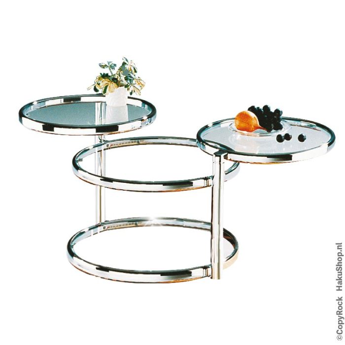 bijgeloof Einde lucht Salontafel met 3 glazen bladen uitdraaibaar met frame van zwaar verchroomd staal. bijgeloof Einde lucht Salontafel met 3 glazen bladen uitdraaibaar met frame van zwaar verchroomd staal.