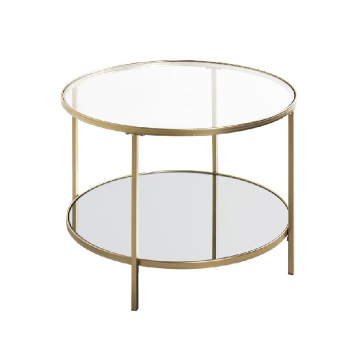embargo Sijpelen Vijandig Goudkleurige metalen salontafel met ingelegd glazen bovenblad en onderblad  in kristalspiegel.